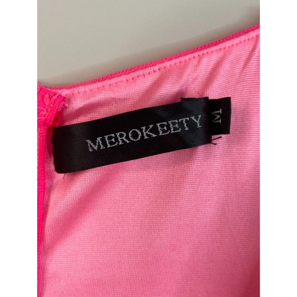 MEROKEETY Hot Pink Long Sleeve Square Neck Mesh Bodycon Midi Dress Size M 8-10 - Picture 13 of 15